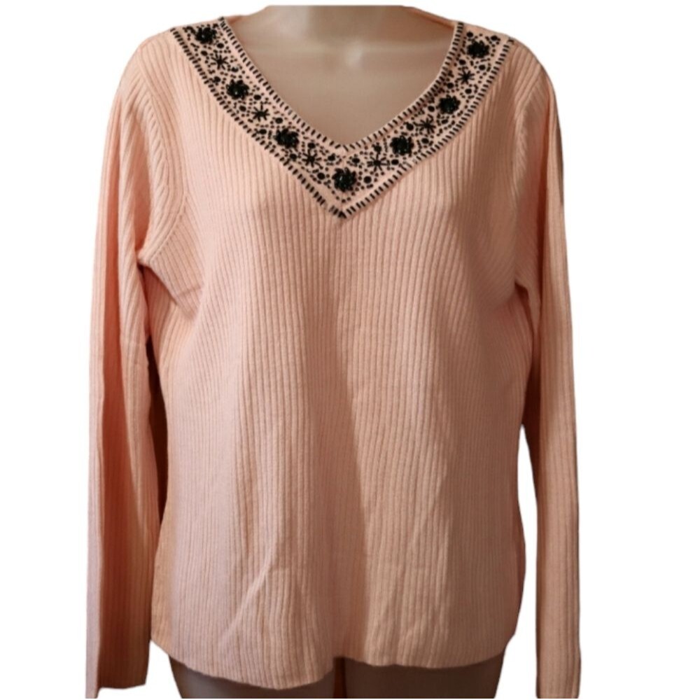 Requirements Pink Beaded V-Neck Ribbed Sweater Small 90s Vintage Knit